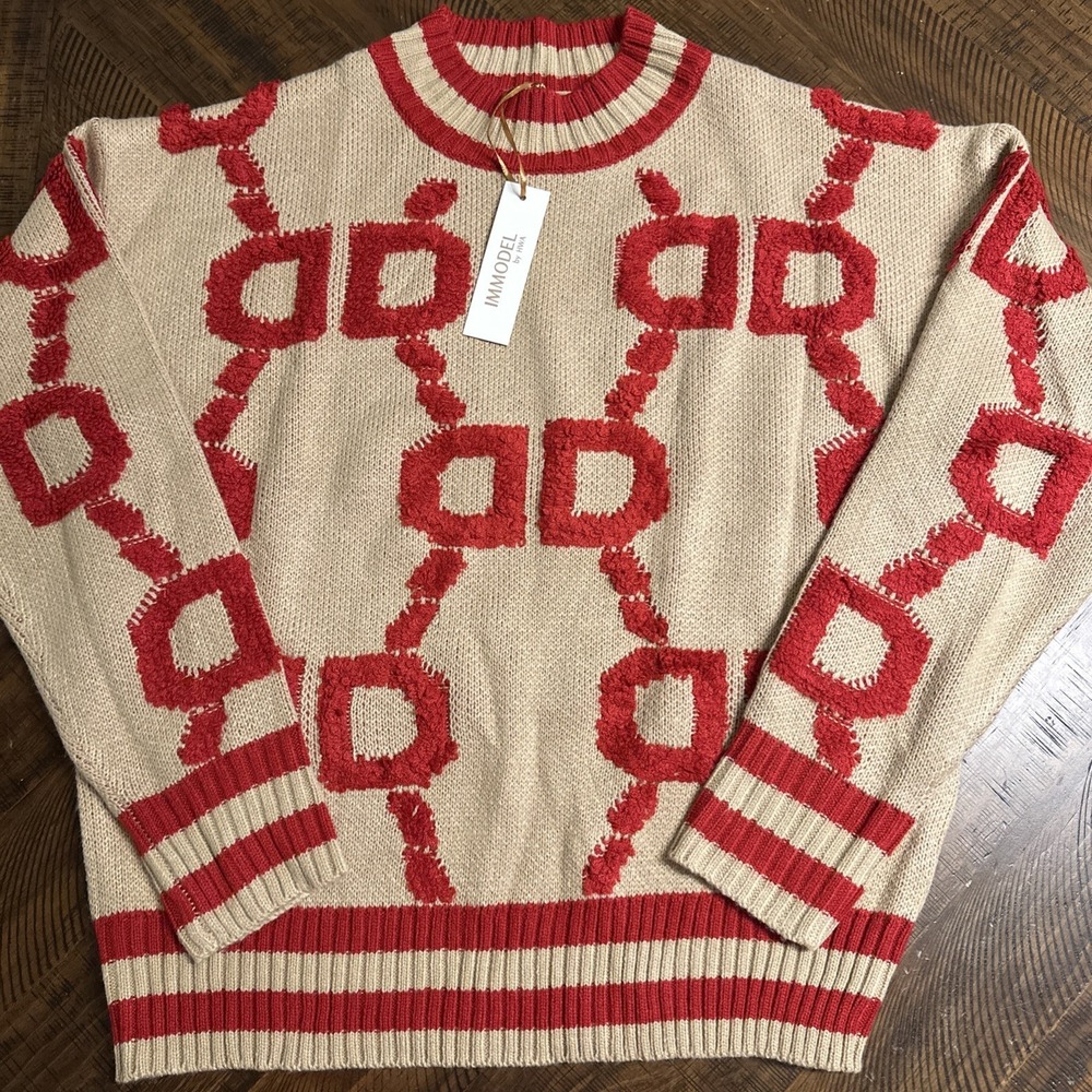 Immodel Women's Beige And Red Mock Neck Sweater Top Size M Artsy Colorful